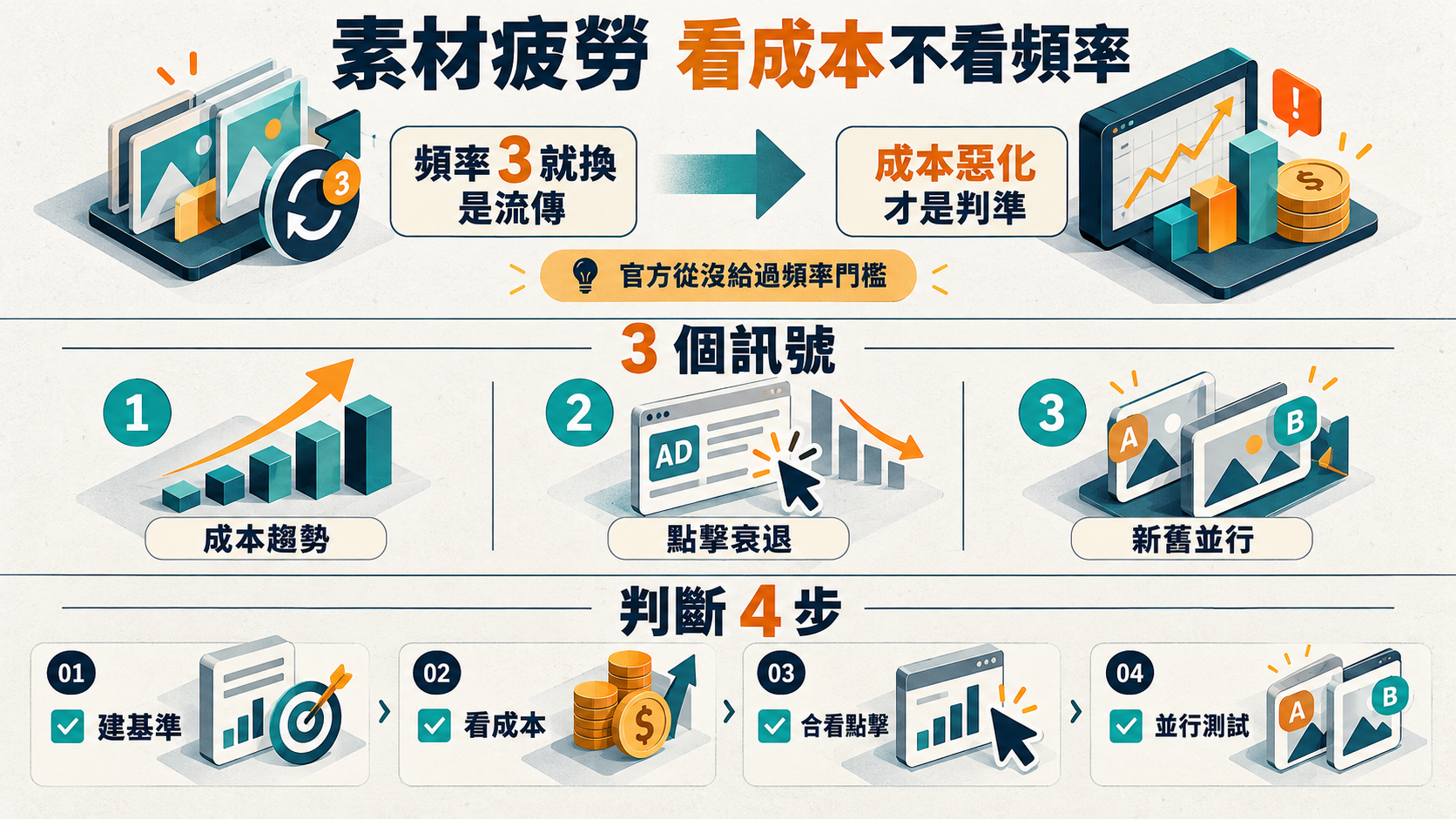 【行銷觀點】Meta 廣告素材疲勞判斷 SOP｜官方判準 vs 業界流傳 + 換素材 5 問